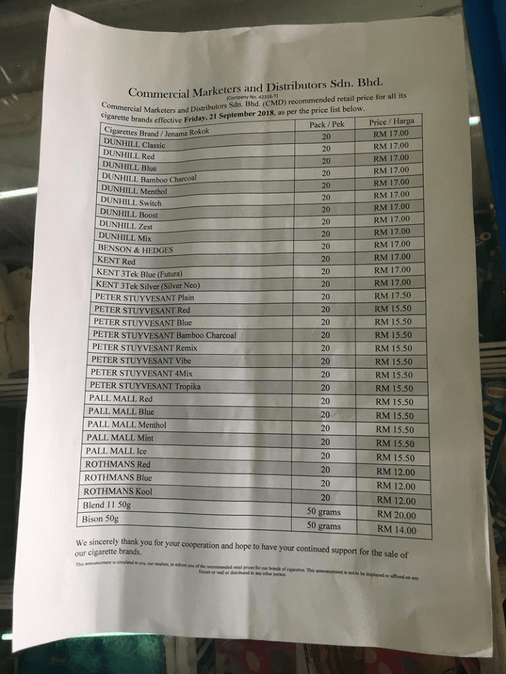 Senarai Harga  Rokok  Terkini Naik  Bermula 5 September 2021