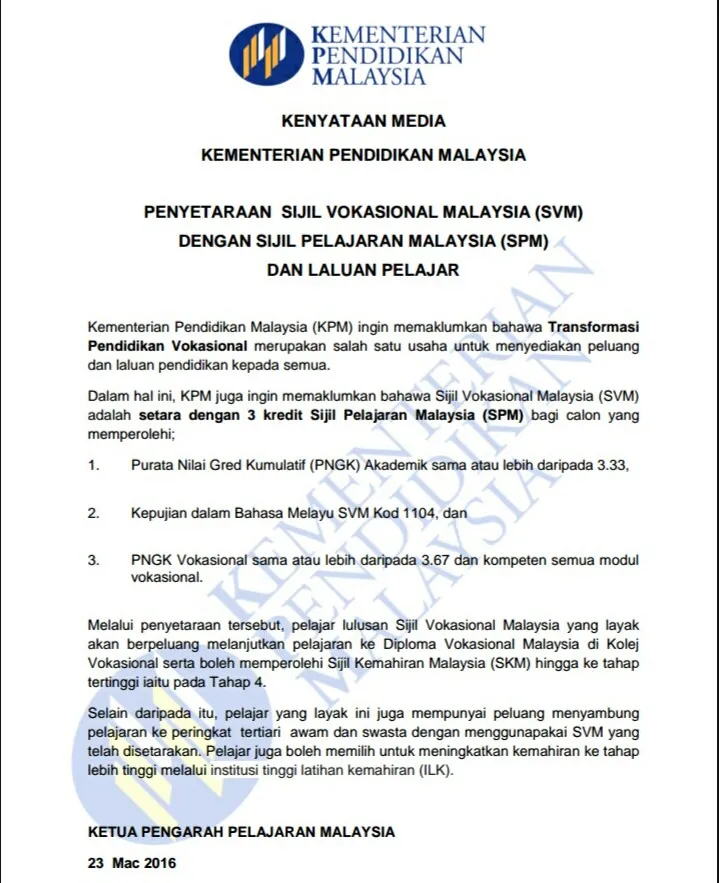 Sijil SVM Kini Setara SPM Sijil SVM Kini Setara 3 kredit SPM