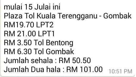Kadar Tol LPT2 Lebuhraya Pantai Timur 2 harga tol lpt2