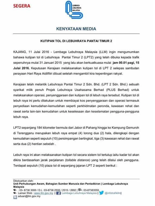 Kadar Tol LPT2 Lebuhraya Pantai Timur 2 kenyataan media kutipan tol lpt2